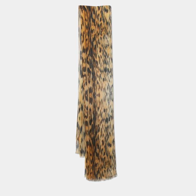 Pre Owned Roberto Cavalli Brown Animal Printed Silk and Cashmere Scarf