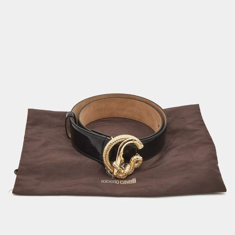 Pre Owned Roberto Cavalli Black Patent Leather Snake Buckle Belt 80CM