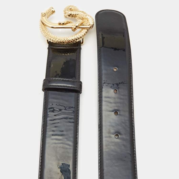 Pre Owned Roberto Cavalli Black Patent Leather Snake Buckle Belt 80CM