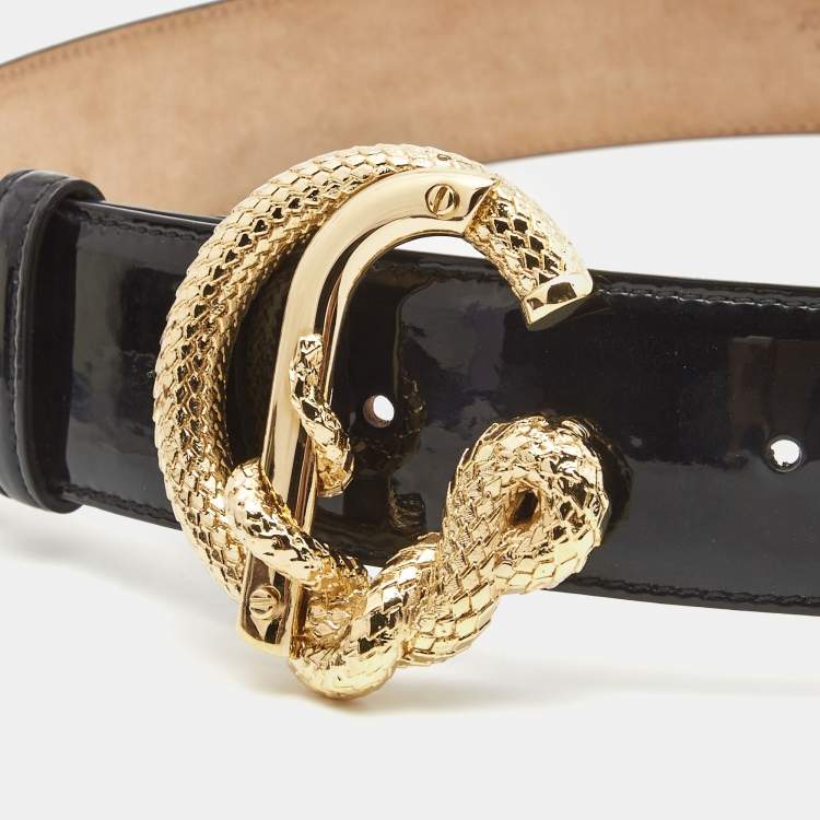 Pre Owned Roberto Cavalli Black Patent Leather Snake Buckle Belt 80CM