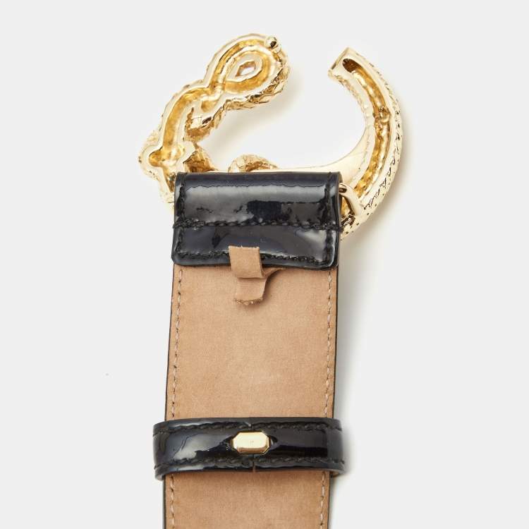 Pre Owned Roberto Cavalli Black Patent Leather Snake Buckle Belt 80CM