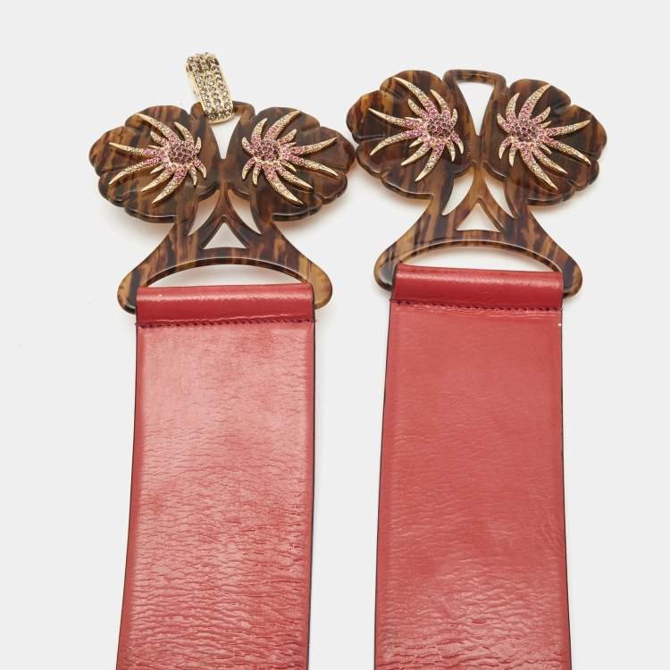 Pre Owned Roberto Cavalli Red Patent Leather Floral Cut Out Crystals Embellished Waist Belt 90CM