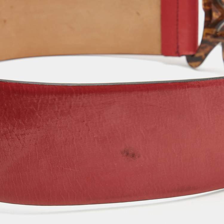 Pre Owned Roberto Cavalli Red Patent Leather Floral Cut Out Crystals Embellished Waist Belt 90CM