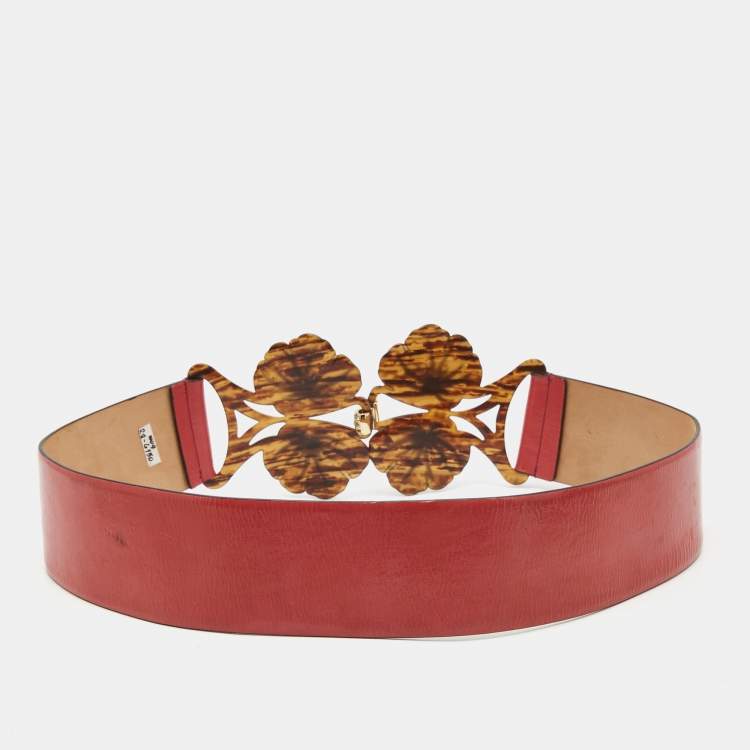 Pre Owned Roberto Cavalli Red Patent Leather Floral Cut Out Crystals Embellished Waist Belt 90CM