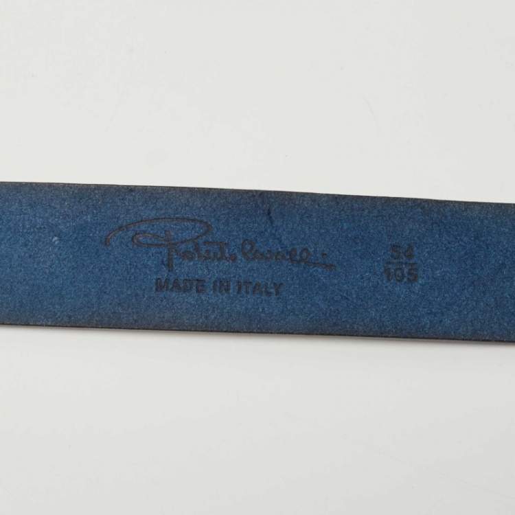 Pre Owned Roberto Cavalli Blue Leather Logo Buckle Belt 105 CM