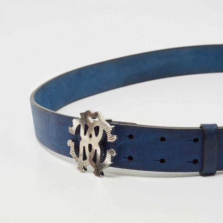 Pre Owned Roberto Cavalli Blue Leather Logo Buckle Belt 105 CM