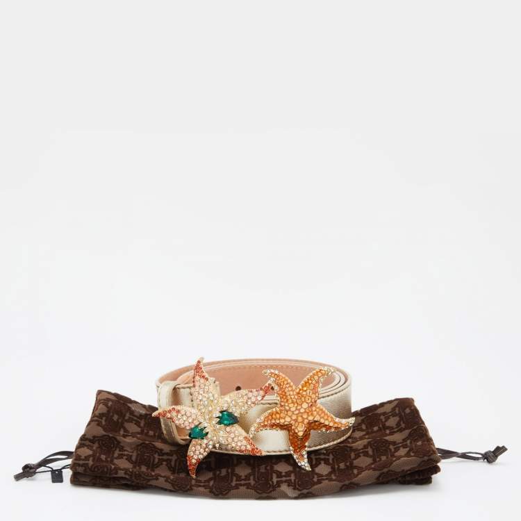 Pre Owned Roberto Cavalli Gold Leather Crystals Starfish Buckle Belt L