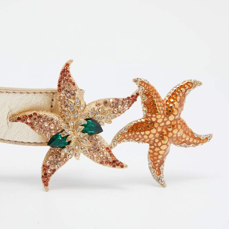 Pre Owned Roberto Cavalli Gold Leather Crystals Starfish Buckle Belt L