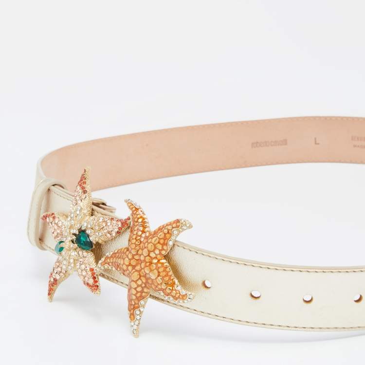 Pre Owned Roberto Cavalli Gold Leather Crystals Starfish Buckle Belt L