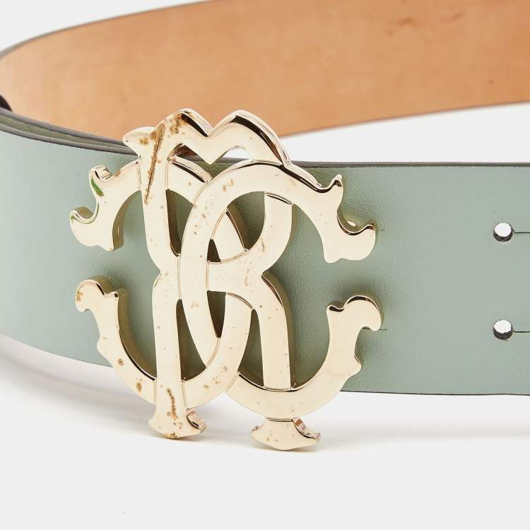 Pre Owned Roberto Cavalli Light Green Leather RC Monogram Buckle Belt 75CM