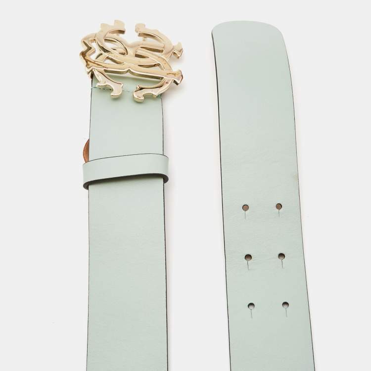 Pre Owned Roberto Cavalli Light Green Leather RC Monogram Buckle Belt 75CM