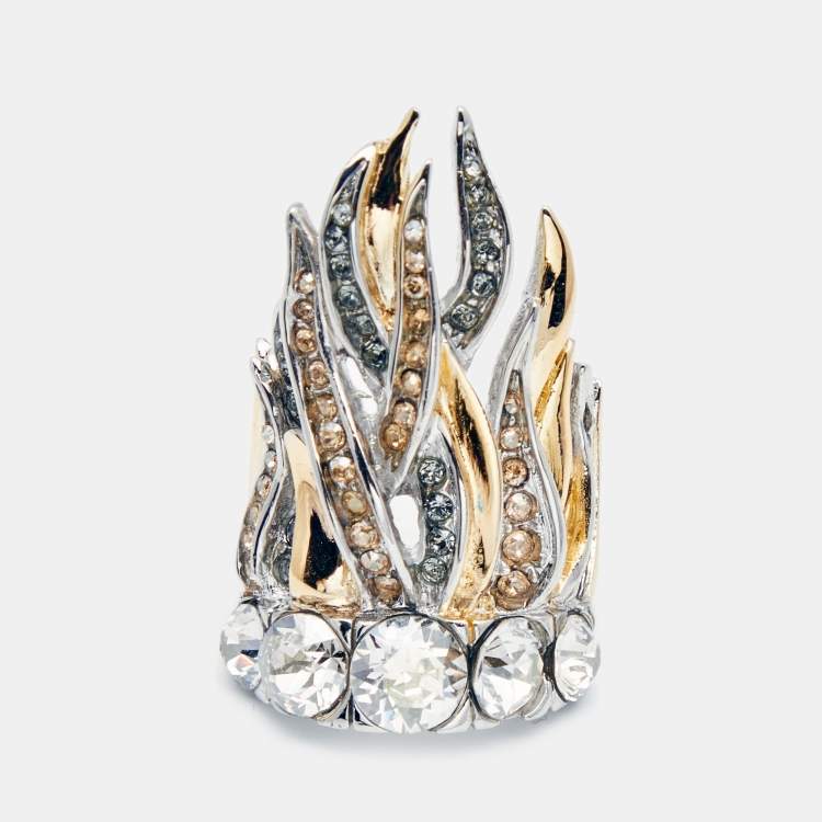 Pre Owned Roberto Cavalli Crystals Two Tone Ring Size 55