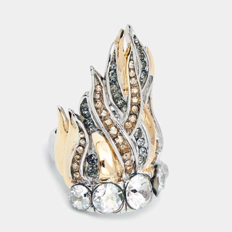 Pre Owned Roberto Cavalli Crystals Two Tone Ring Size 55