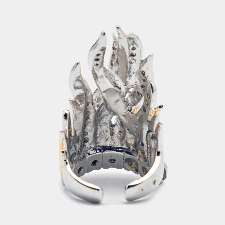 Pre Owned Roberto Cavalli Crystals Two Tone Ring Size 55