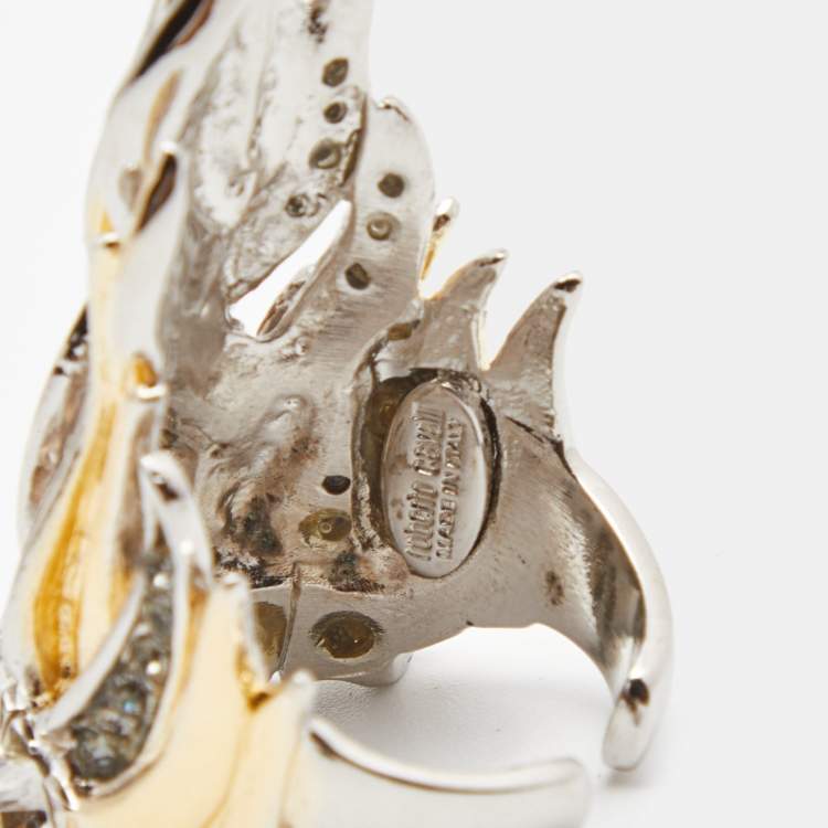 Pre Owned Roberto Cavalli Crystals Two Tone Ring Size 55