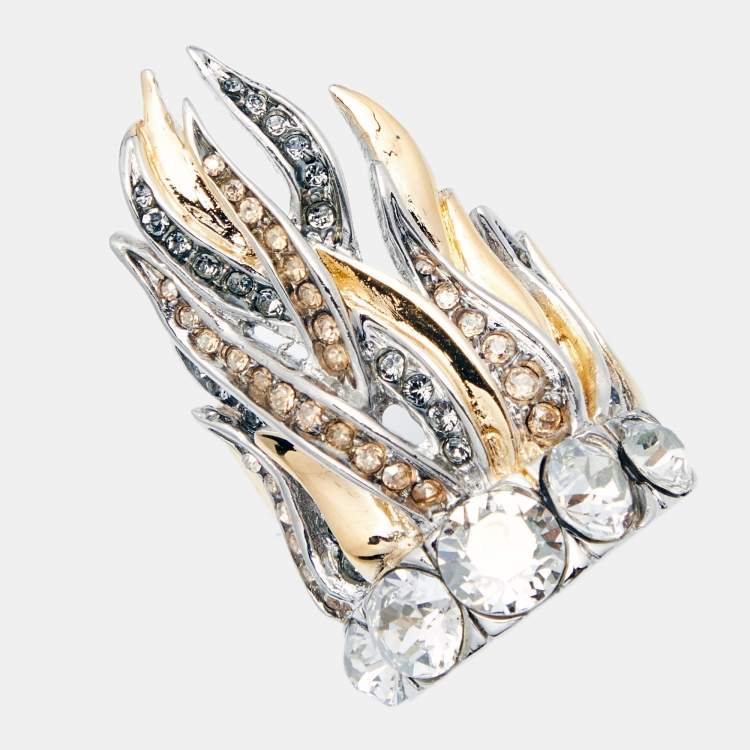Pre Owned Roberto Cavalli Crystals Two Tone Ring Size 55