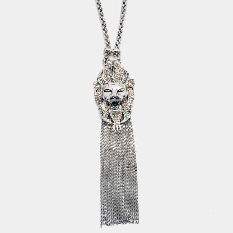 Pre Owned Roberto Cavalli Lion Crystal SIlver Tone Necklace