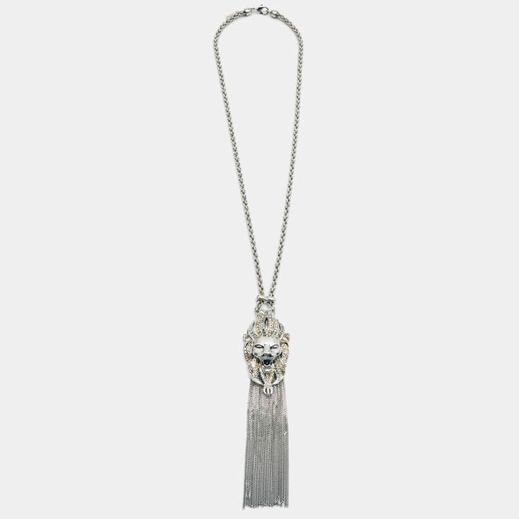 Pre Owned Roberto Cavalli Lion Crystal SIlver Tone Necklace