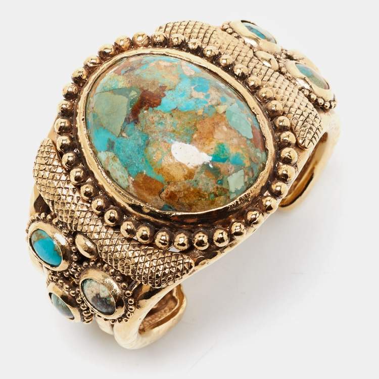 مملوكة مسبقًا Roberto Cavalli Composite Gold Tone Open Cuff Bracelet