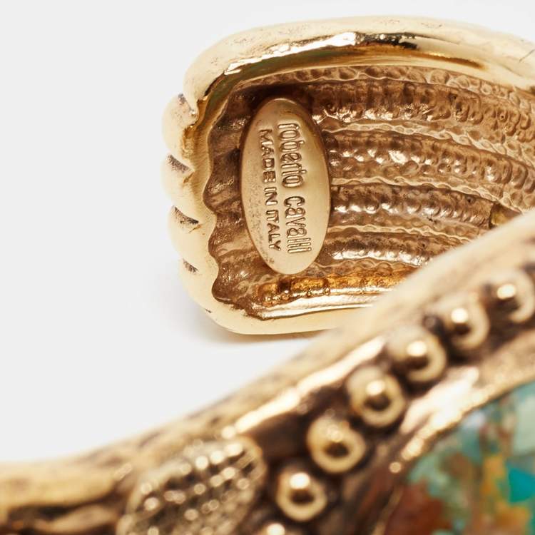 مملوكة مسبقًا Roberto Cavalli Composite Gold Tone Open Cuff Bracelet