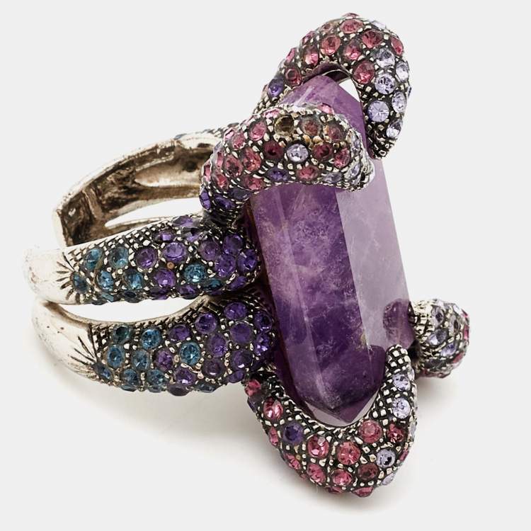 Pre Owned Roberto Cavalli Amethyst Crystals Silver Tone Ring Size 56