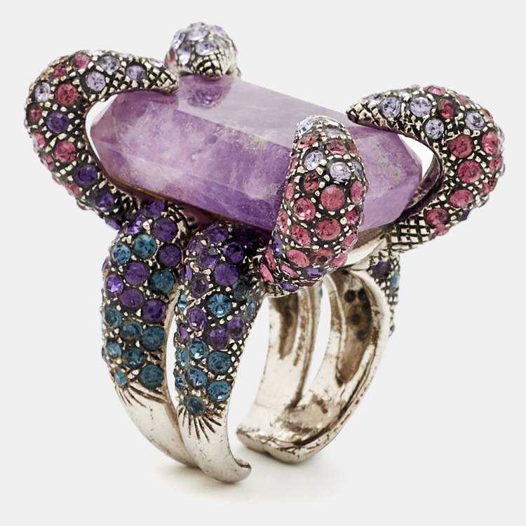 Pre Owned Roberto Cavalli Amethyst Crystals Silver Tone Ring Size 56