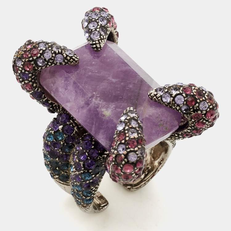 Pre Owned Roberto Cavalli Amethyst Crystals Silver Tone Ring Size 56