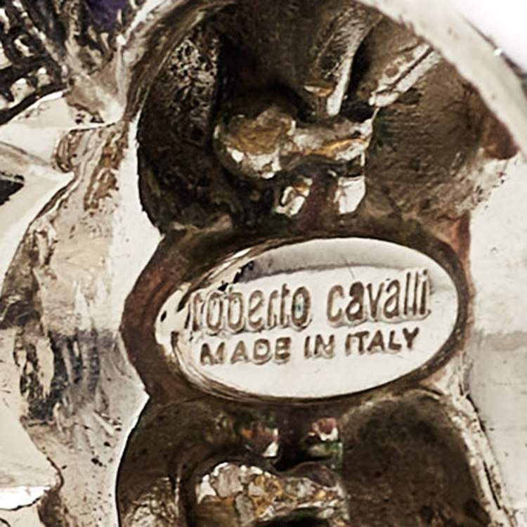 Pre Owned Roberto Cavalli Amethyst Crystals Silver Tone Ring Size 56