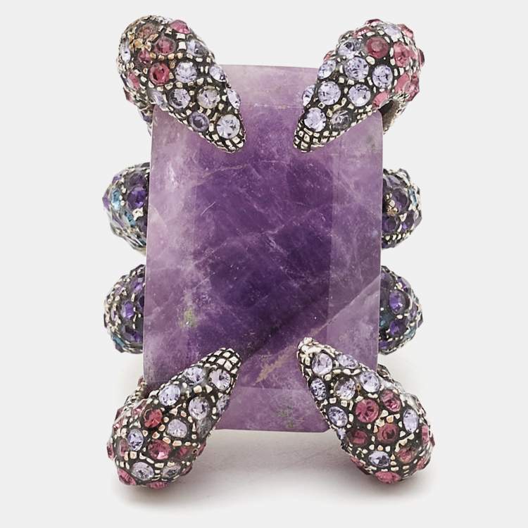 Pre Owned Roberto Cavalli Amethyst Crystals Silver Tone Ring Size 56