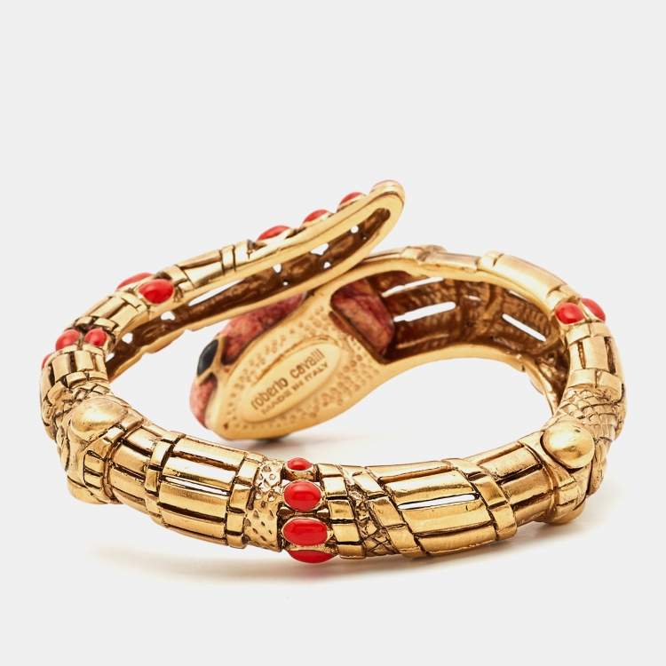 Pre Owned Roberto Cavalli Composite Enamel Gold Tone Snake Bracelet