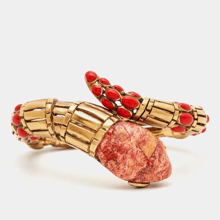 Pre Owned Roberto Cavalli Composite Enamel Gold Tone Snake Bracelet