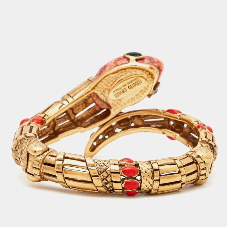 Pre Owned Roberto Cavalli Composite Enamel Gold Tone Snake Bracelet