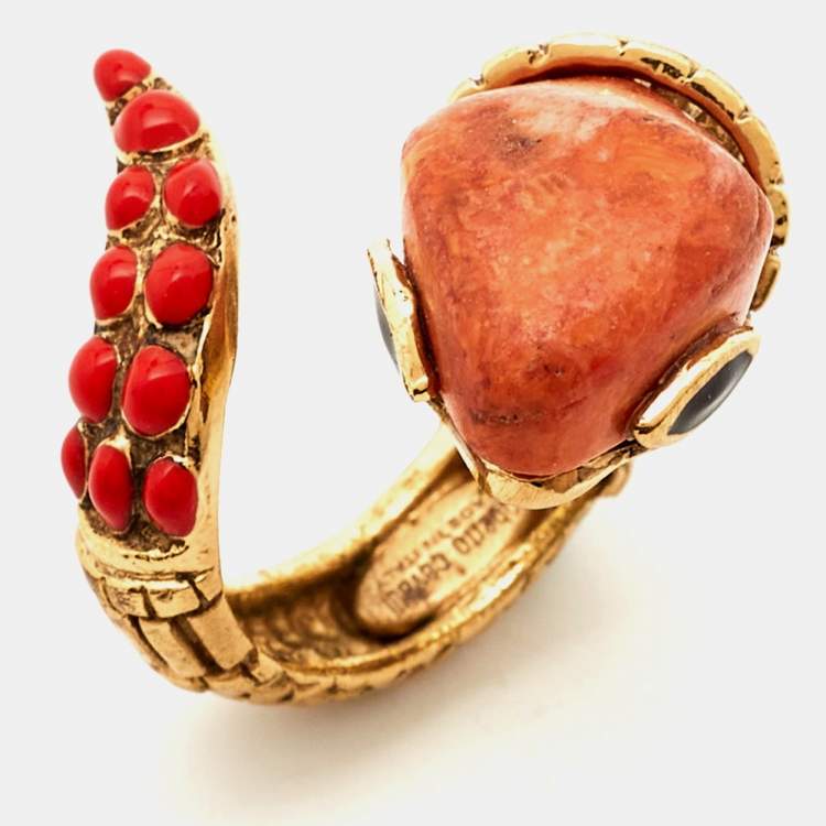 Pre Owned Roberto Cavalli Composite Enamel Gold Tone Snake Ring Size 57