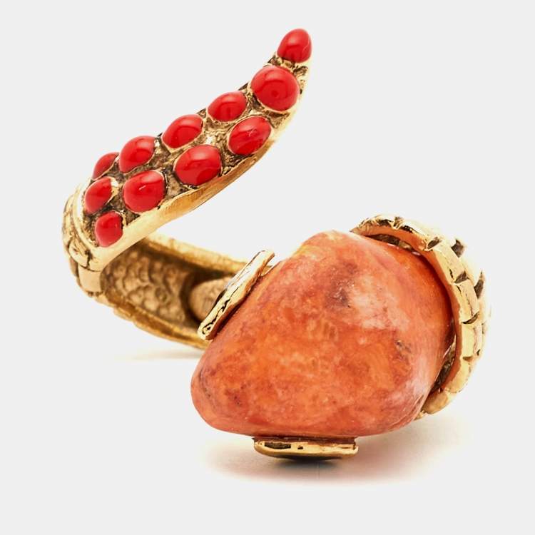 Pre Owned Roberto Cavalli Composite Enamel Gold Tone Snake Ring Size 57