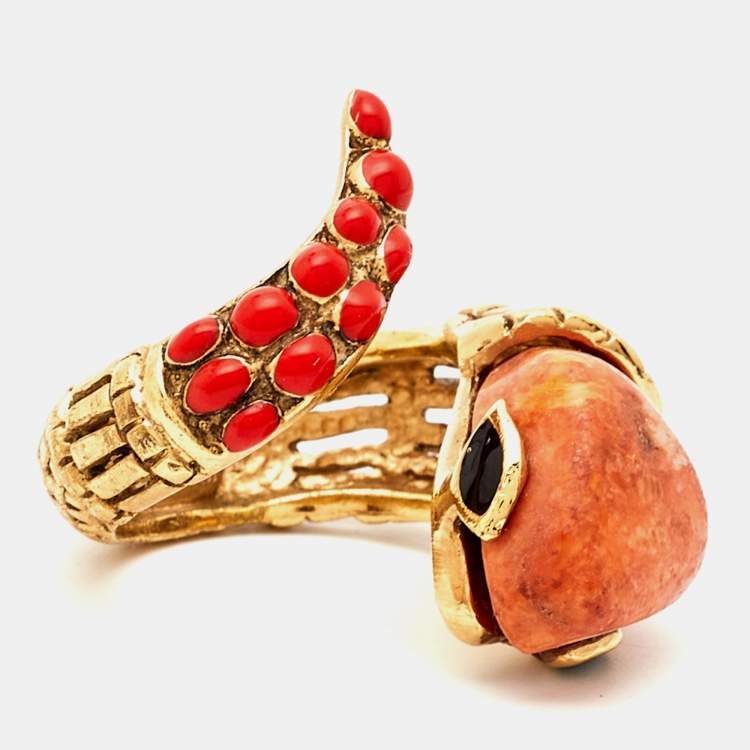 Pre Owned Roberto Cavalli Composite Enamel Gold Tone Snake Ring Size 57