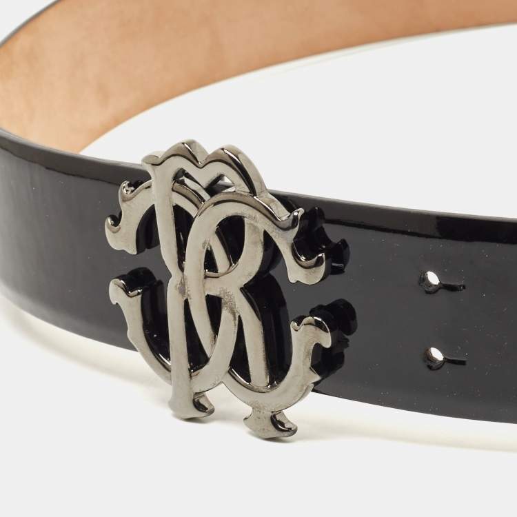 Pre Owned Roberto Cavalli Black Patent Leather RC Logo Buckle Belt 85CM