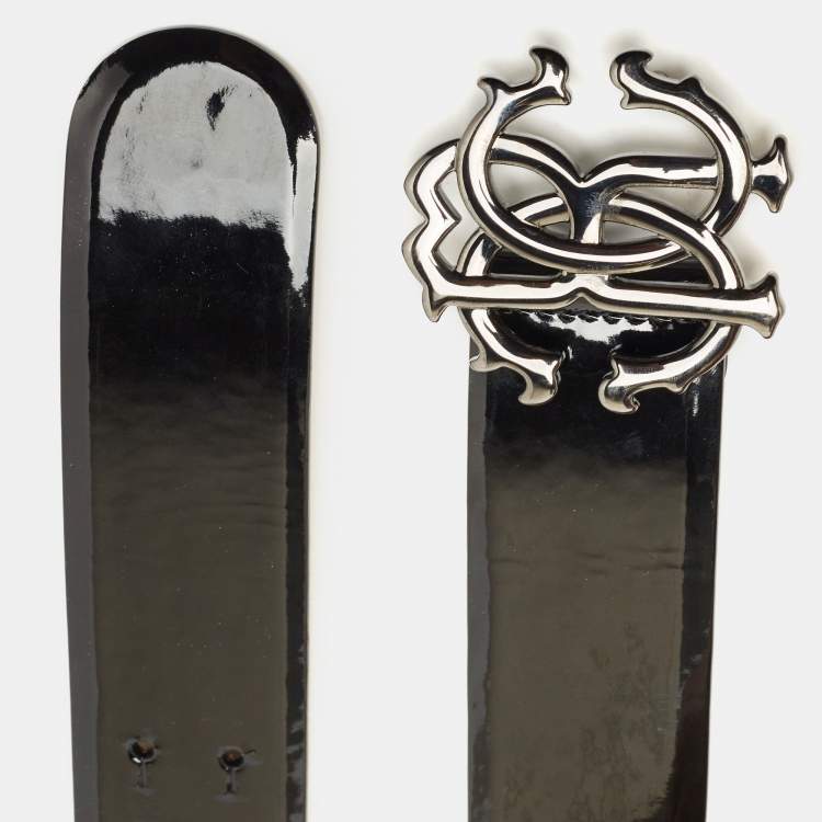 Pre Owned Roberto Cavalli Black Patent Leather RC Logo Buckle Belt 85CM