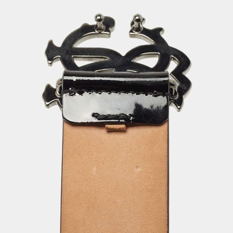Pre Owned Roberto Cavalli Black Patent Leather RC Logo Buckle Belt 85CM