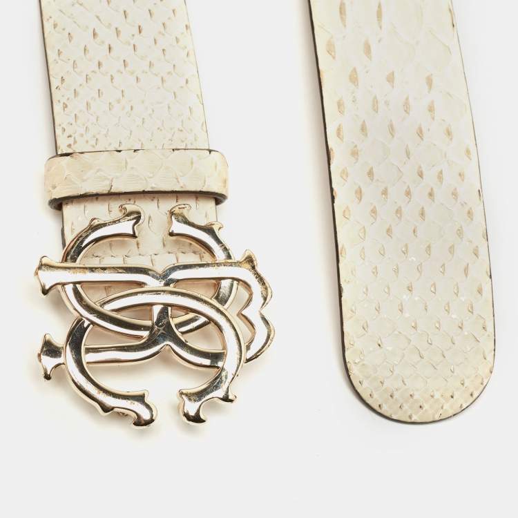 Pre Owned Roberto Cavalli White Python RC Logo Belt 80CM