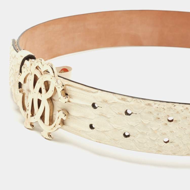 Pre Owned Roberto Cavalli White Python RC Logo Belt 80CM