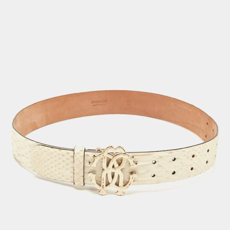 Pre Owned Roberto Cavalli White Python RC Logo Belt 80CM