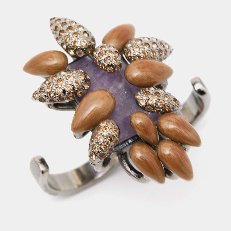 Pre Owned Roberto Cavalli Gunmetal Tone Crystal & Stone Double Finger Ring Size EU 56
