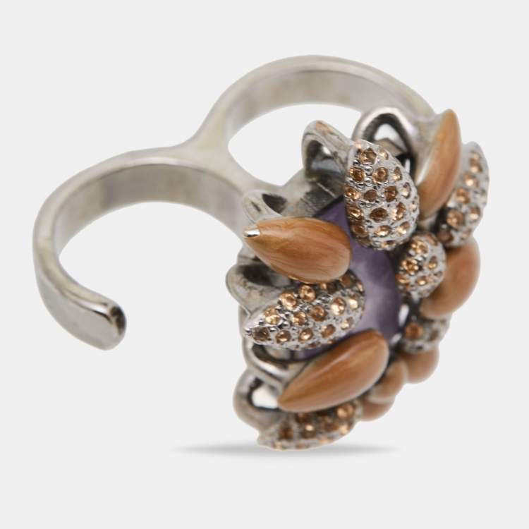 Pre Owned Roberto Cavalli Gunmetal Tone Crystal & Stone Double Finger Ring Size EU 56