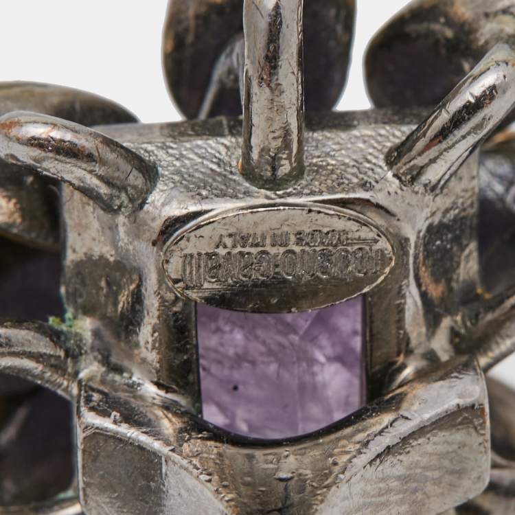 Pre Owned Roberto Cavalli Gunmetal Tone Crystal & Stone Double Finger Ring Size EU 56