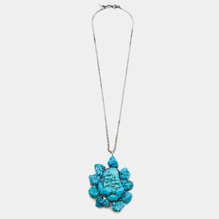 Pre Owned Roberto Cavalli Turquoise Color Stone Silver Tone Pendant Necklace