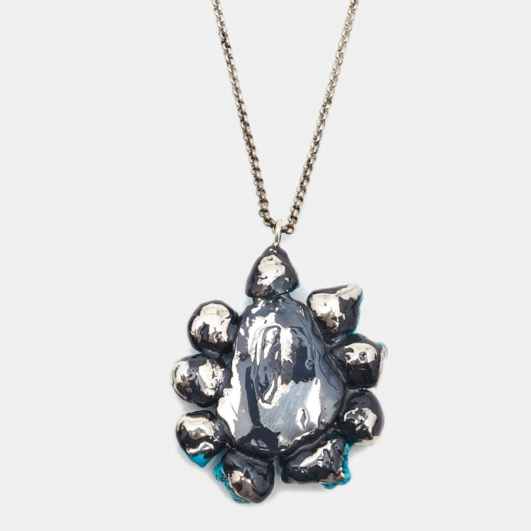 Pre Owned Roberto Cavalli Turquoise Color Stone Silver Tone Pendant Necklace