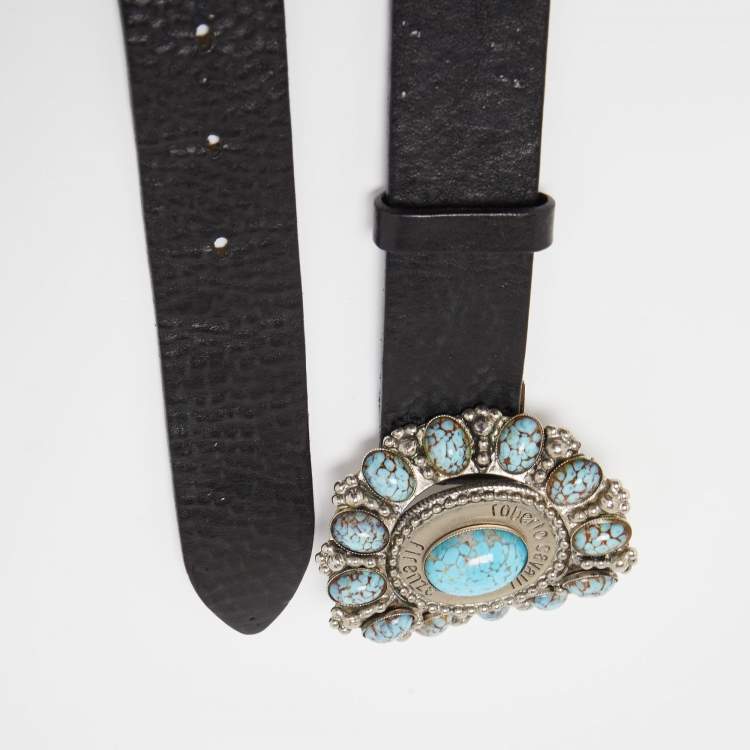 Pre Owned Roberto Cavalli Black/Turquoise Leather Embellished Oval Buckle Belt L