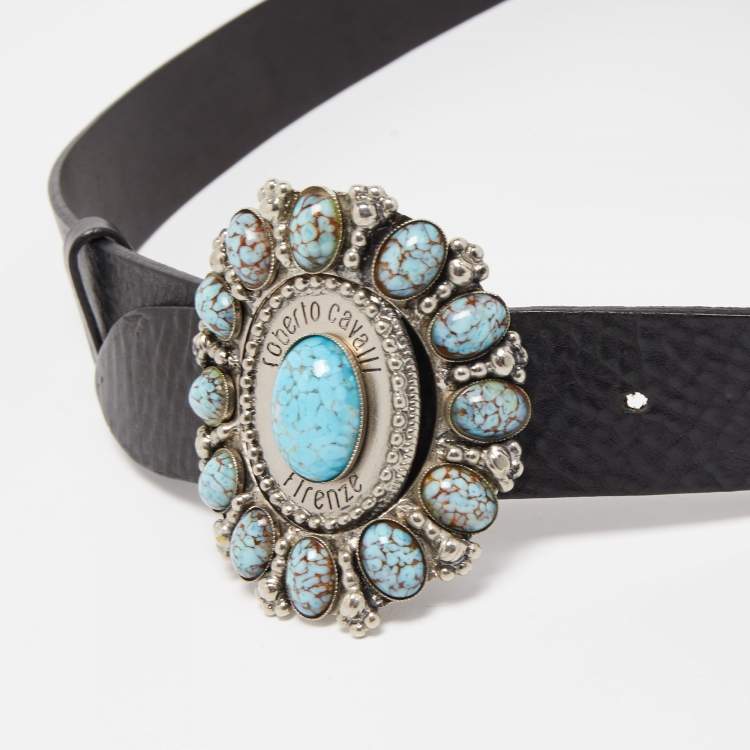 Pre Owned Roberto Cavalli Black/Turquoise Leather Embellished Oval Buckle Belt L