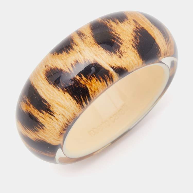 Pre Owned Roberto Cavalli Beige/Black Resin Leopard Print Wide Bangle Bracelet