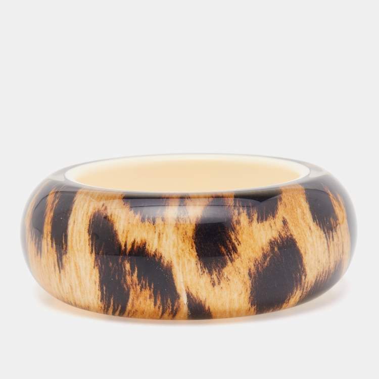 Pre Owned Roberto Cavalli Beige/Black Resin Leopard Print Wide Bangle Bracelet